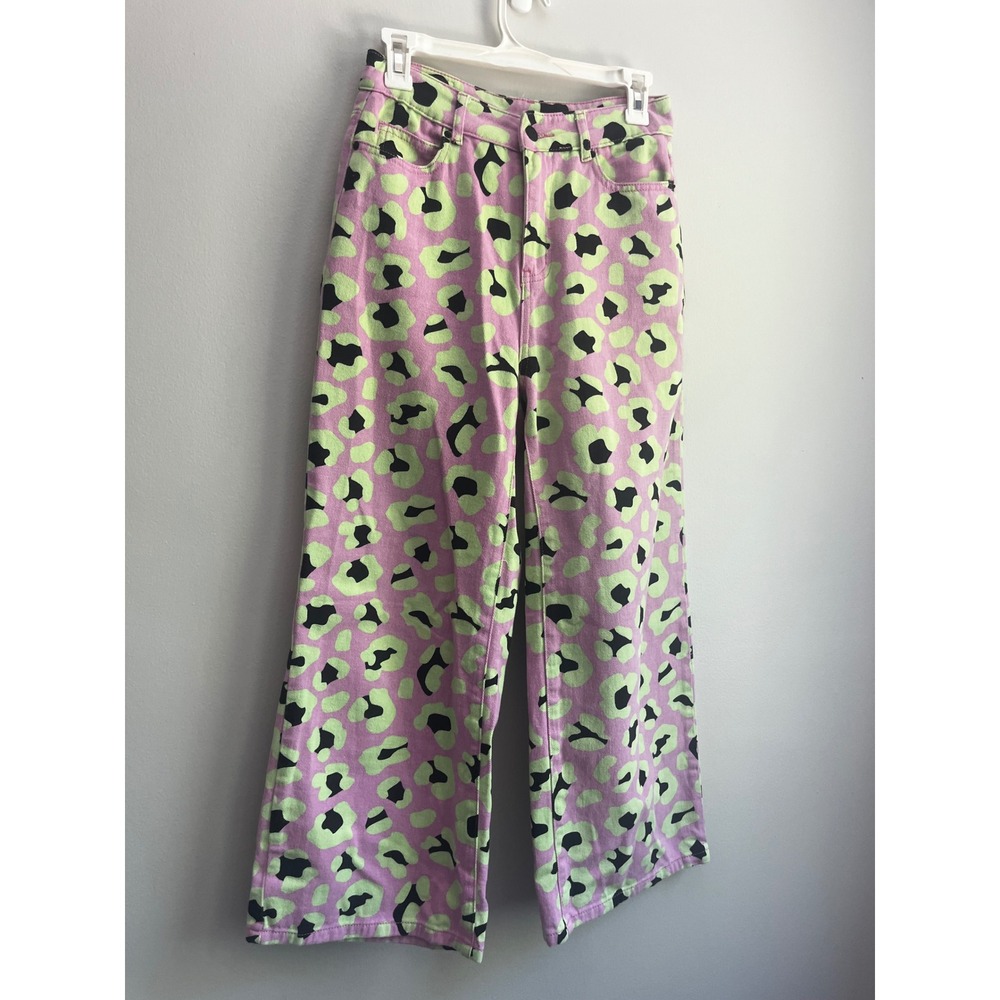 Hayley Elsaesser x TWIK Pink Green Leopard Print Wide Leg Jeans Size 27 Highrise - Picture 2 of 12